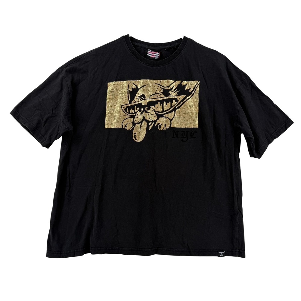 Superdry Shirt Womens 8 Black Gold NYC Crew Neck‎ Short Sleeve Graphic Tee Top